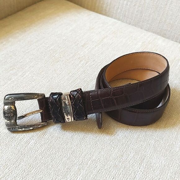 Brighton Croc Embossed Brown Leather Belt Silver Tone Buckle Size L - Picture 1 of 11